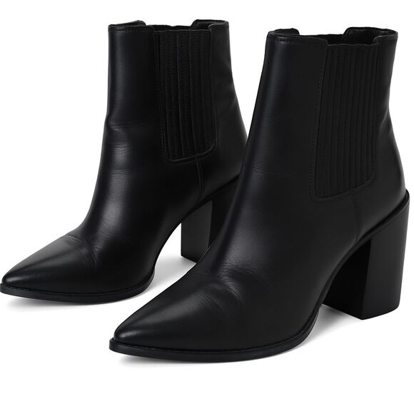 Steve Madden Hutson Leather Ankle Booties Black Pointed Toe Block Heel Women 6 - Picture 1 of 13